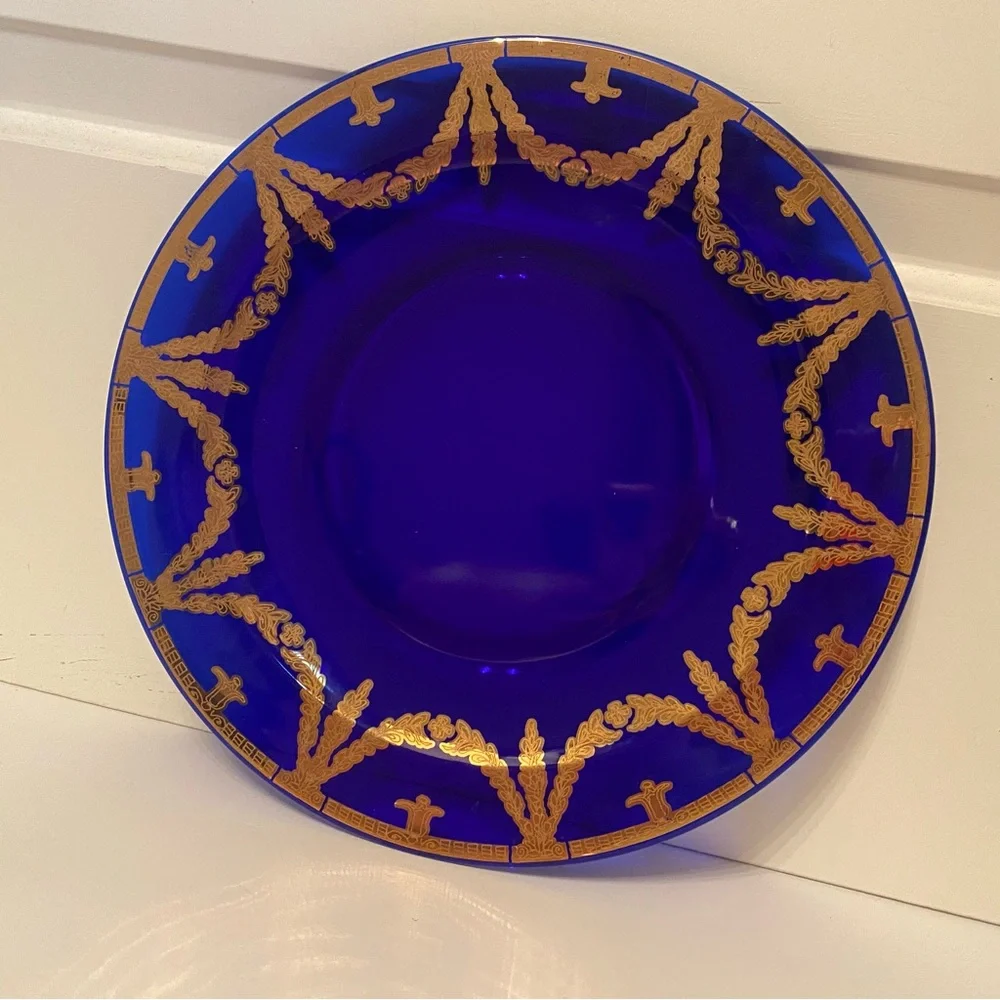 PLATE CHARGER PLATTER VINTAGE BLUE GLASS GOLD LEAF HOME DINING DINNER SERVEWARE